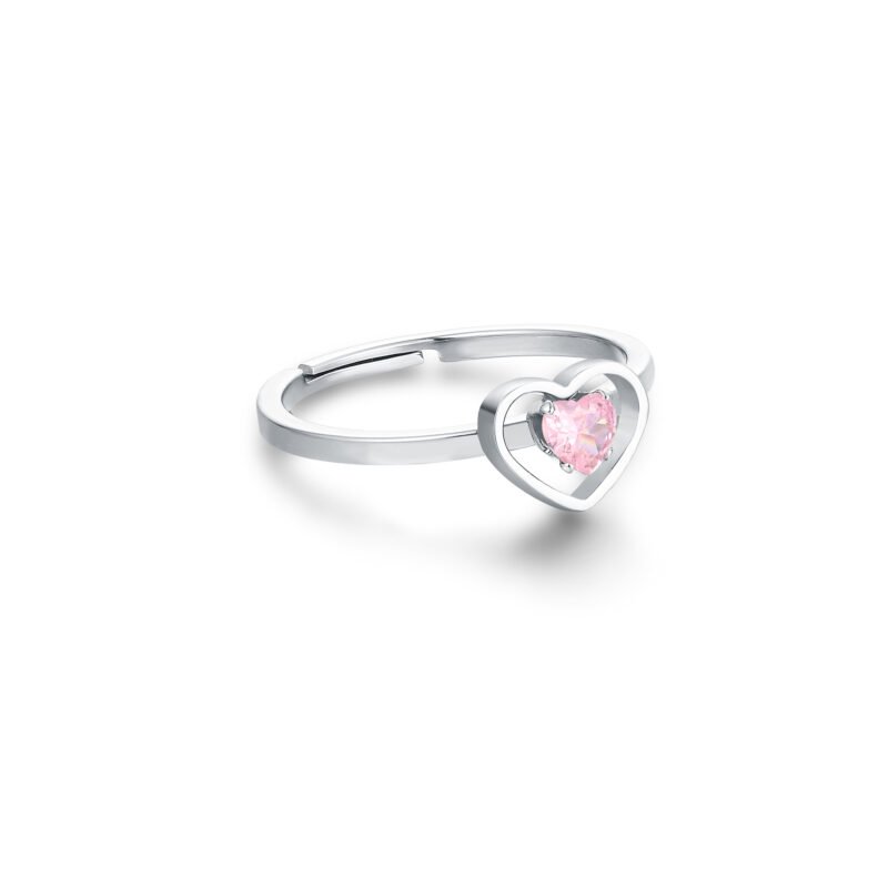 anello con cristallo rosa racchiuso in un cuore acciaio