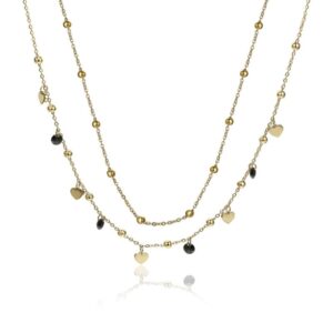 Collana Doppia Cuori Oro e Cristalli Neri