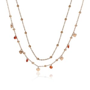 Collana Doppia Cuori Rosè e Cristalli Rossi