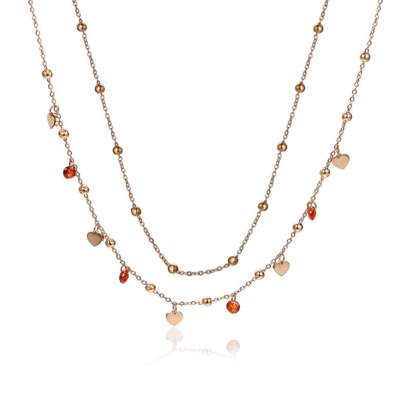 Collana Doppia Cuori Rosè e Cristalli Rossi