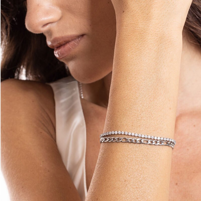 Bracciale Tennis 2mm con catena figaro - immagine 2