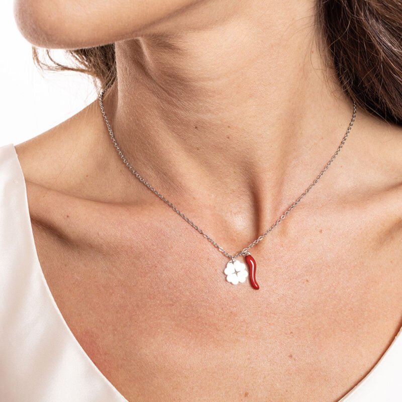 Collana Cornetto e quadrifoglio ACCIAIO - immagine 2