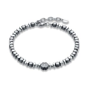 Bracciale in Acciaio ed Ematite con Quadrifoglio