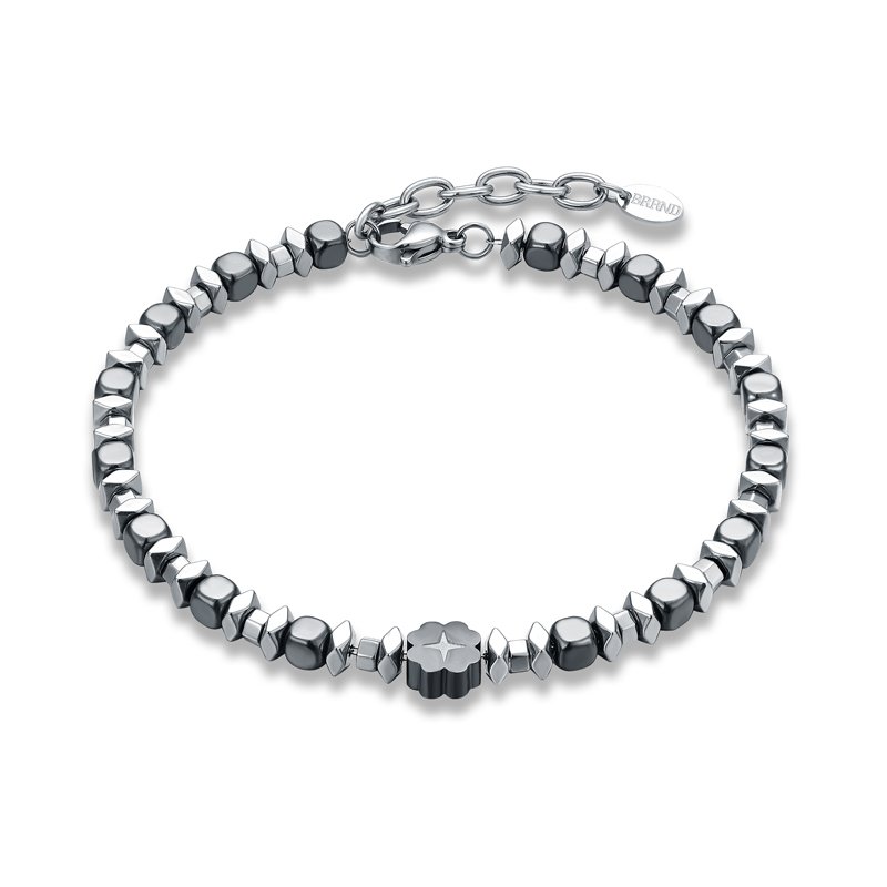 Bracciale in Acciaio ed Ematite con Quadrifoglio