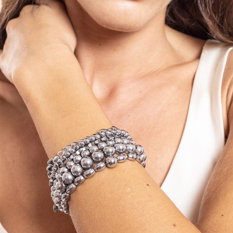 Bracciale Piccole Sfere Sfaccettate Ematite Rodiata - immagine 3