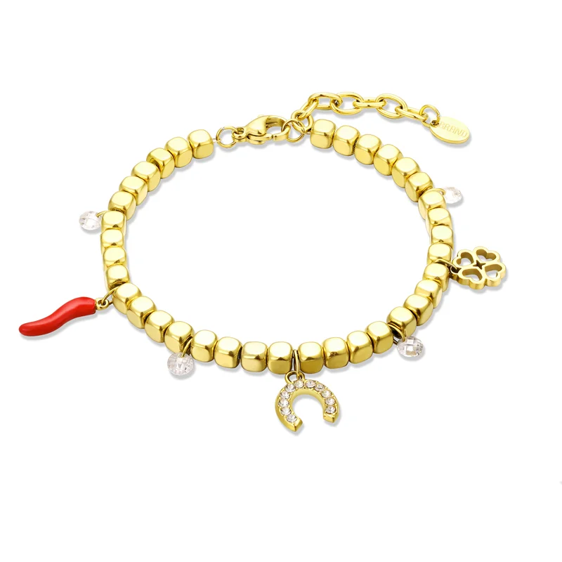 Bracciale Ferro di Cavallo Quadrifoglio e Cornetto Color Oro