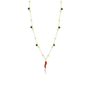 Collana Cornetto Cristalli Neri Pvd Oro