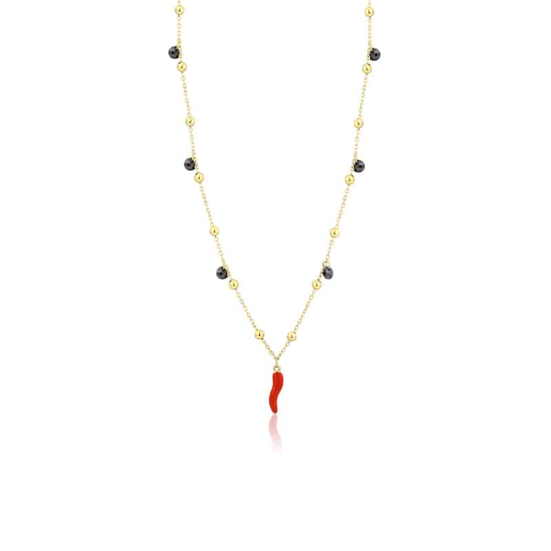 Collana Cornetto Cristalli Neri Pvd Oro