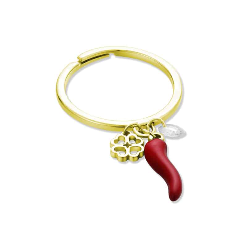 Anello Regolabile con Cornetto e Quadrifoglio Pendenti Pvd Oro